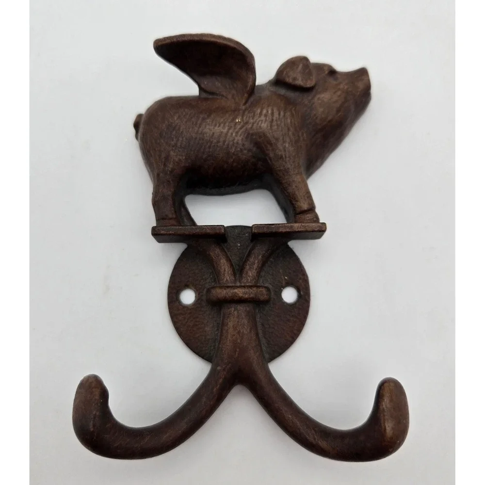 Flying Pig Wall Hook Brown Cast Rustic Farmhouse Double Coat Hat Towel